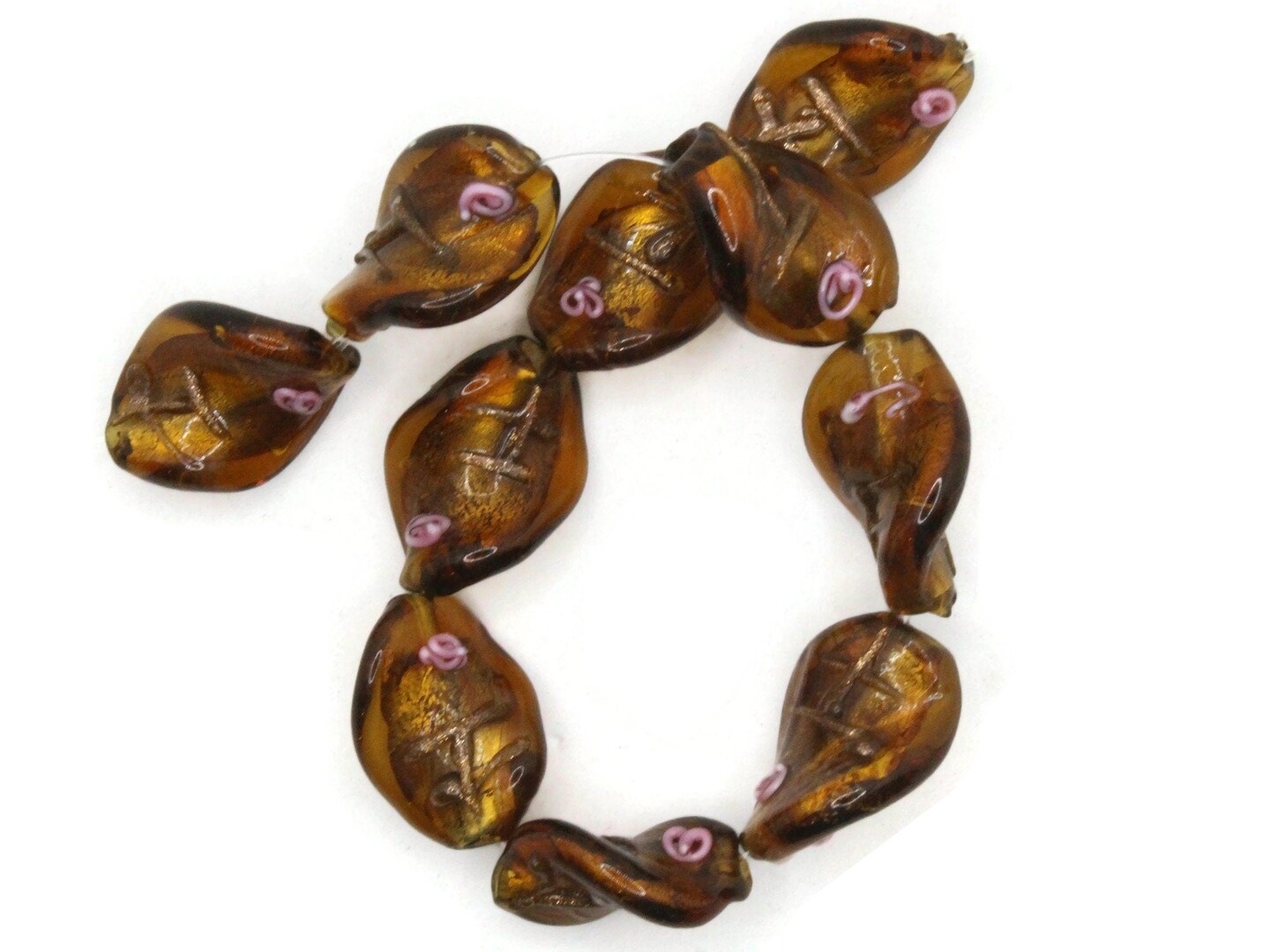 10 20mm Brown with Pink and Green Flower Lampwork Glass Flat Oval Twist Beads