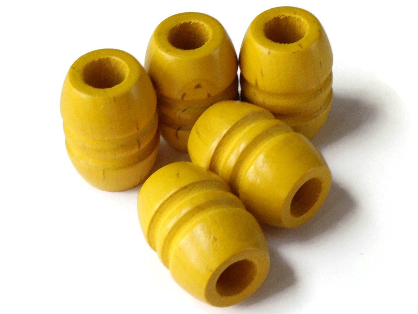 5 28mm Large Yellow Fluted Barrel Beads Vintage Wood Macrame Beads