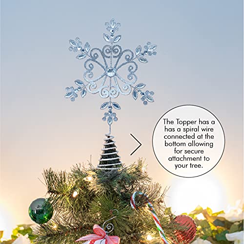 Ornativity Flower Snowflake Tree Topper &#x2013; Silver Glitter Intricate Designed Floral Snowflake Shaped Ornament with Sparkling Gem Detailed Christmas Star Tree Top Decorations