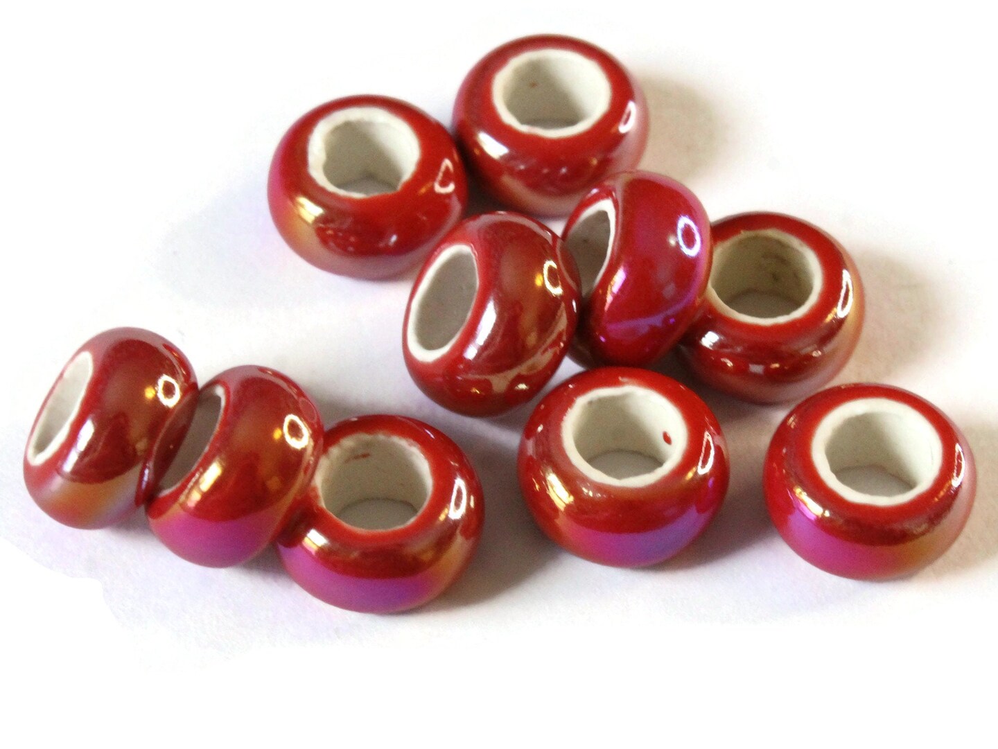 10 13mm Red Porcelain Rondelle Beads - Large Hole Beads