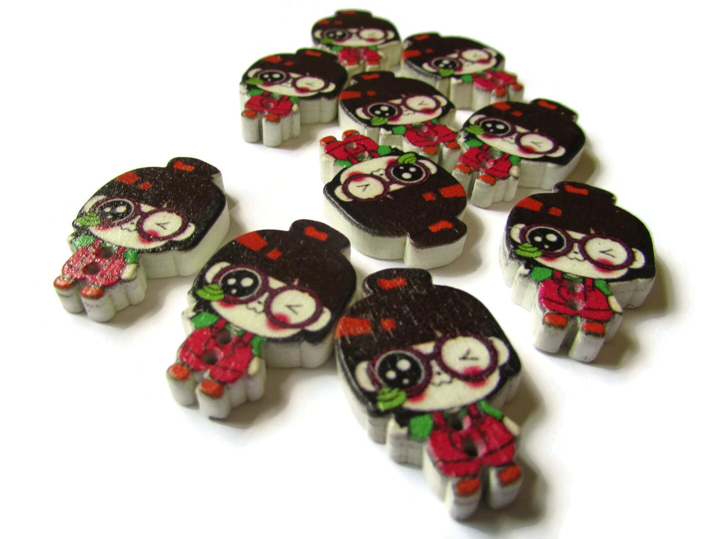10 29mm 2 Hole Wooden Buttons Brown Haired Girl With Red Overalls and a Green Shirt