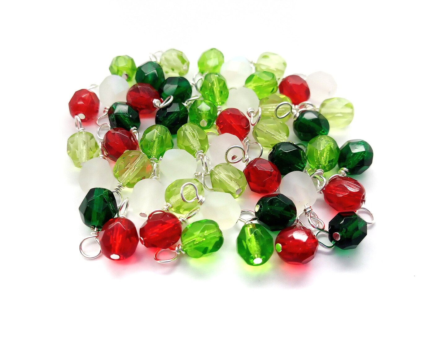 Faceted Christmas Dangle Charm Mix, 20 piece Glass Bead Charms in Red Green & White, Adorabilities