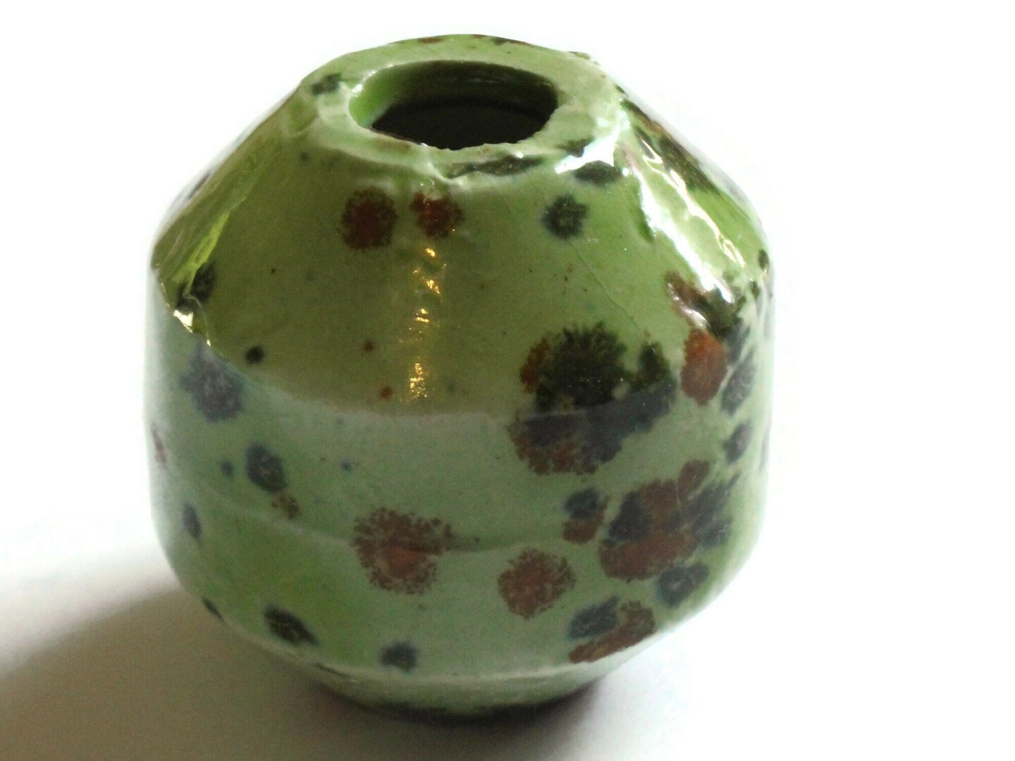 38mm Green with Brown and Green Spots Banded Round Bead Vintage Ceramic Macrame Bead
