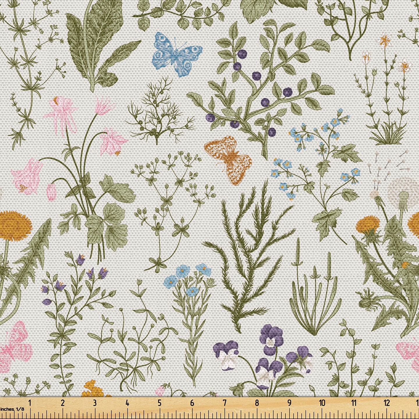 Ambesonne Floral Fabric by the Yard, Vintage Garden Plants Herbs Flowers Botanical Classic Design Art, Decorative Fabric for Upholstery and Home Accents, 5 Yards, Reseda Green Beige