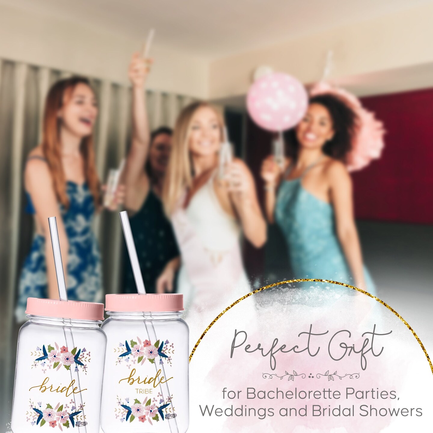 11 Piece Set of Plastic Mason Jars for Bachelorette Parties, Weddings, and Bridal Showers