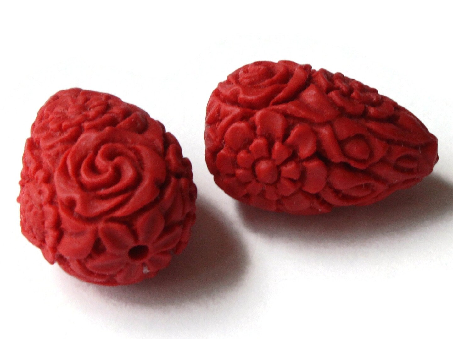 2 Floral Cinnabar Teardrop Lacquer Beads Loose Red Flower Patterned Beads