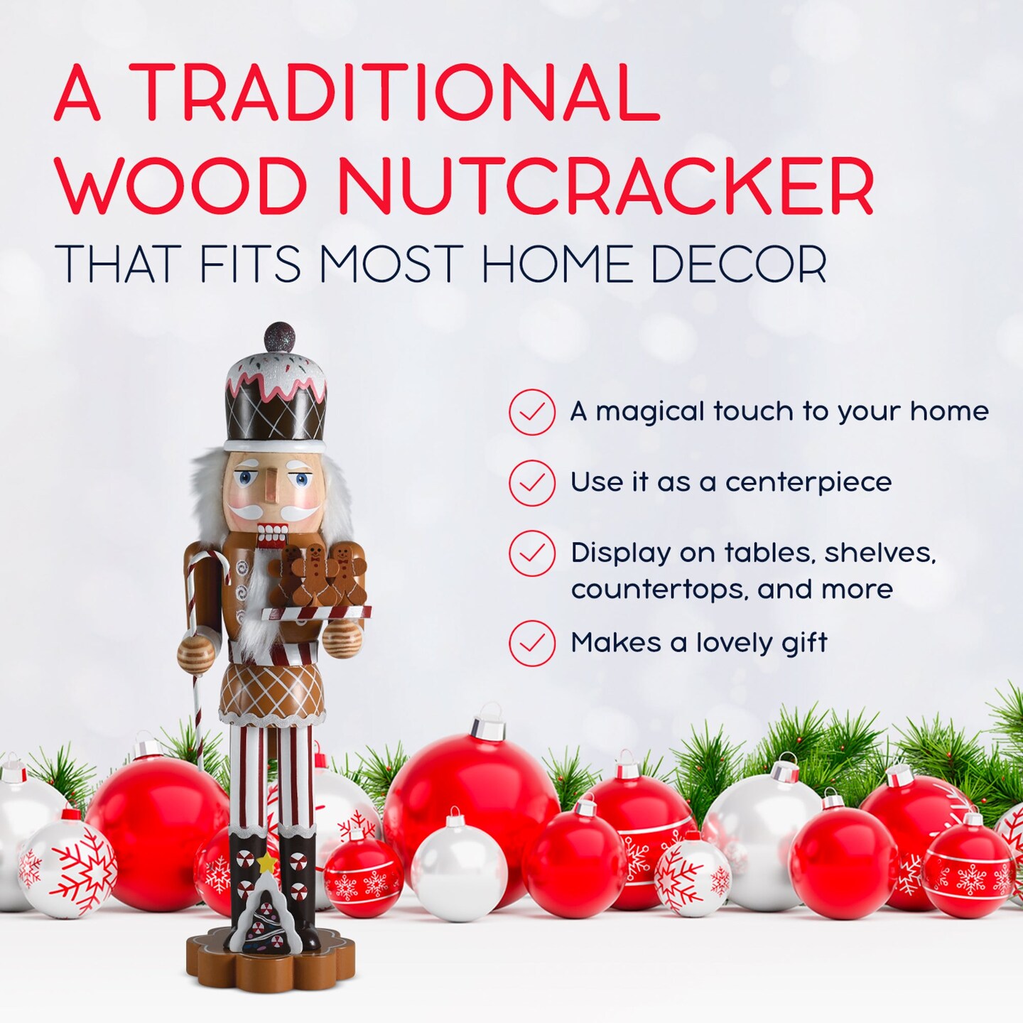 Ornativity Christmas Candyland Gingerbread Nutcracker &#x2013; Wooden Nutcracker Candy Man with Candy Cane and Gingerbread Cookies in Hand Xmas Themed Holiday Nut Cracker Doll Figure Decorations