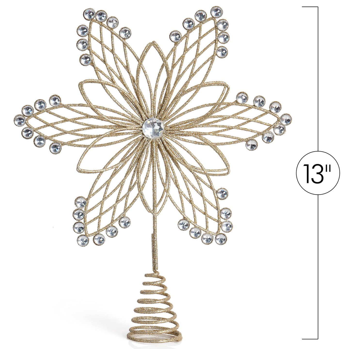 Ornativity Jewel Flower Tree Topper - Gold Glitter Sparkling Metal Wire Star Flower Topper with Sparkly Gem Finish Christmas Tree Top Ornament Decoration