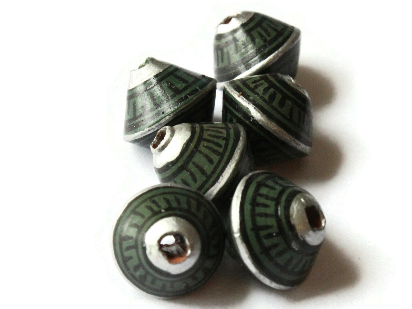 6 12mm Vintage Painted Peruvian Clay Beads - Green Silver and Black Patterned Bicone Beads