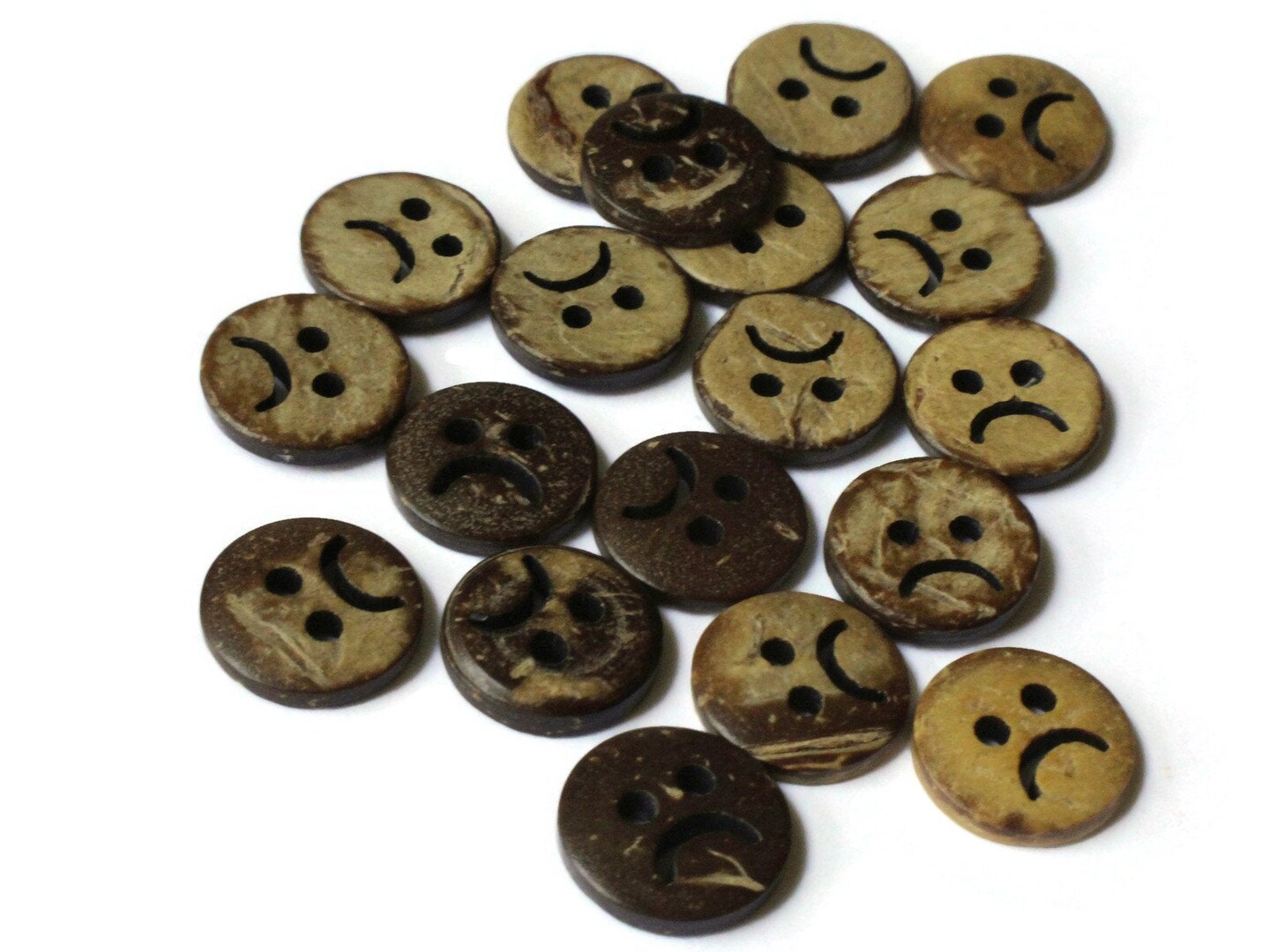 20 13mm Brown Sad Face Coconut Shell Buttons Wood 2 Hole Buttons