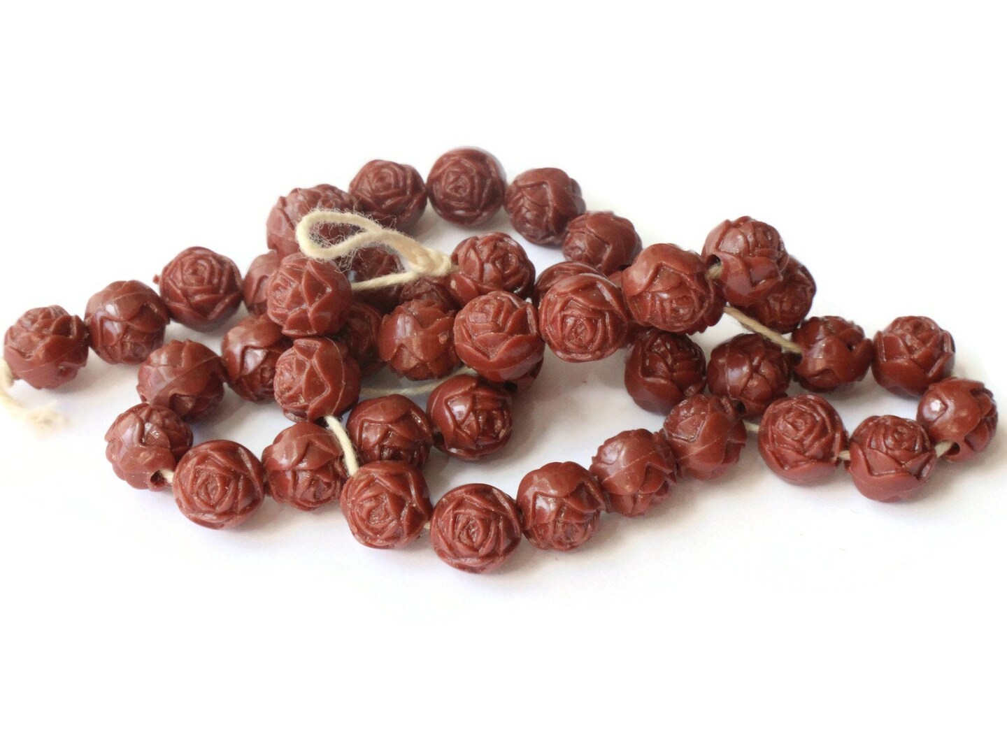 44 8mm Brown Pressed Rose Beads Full Strand Vintage Pressed Plastic Bead