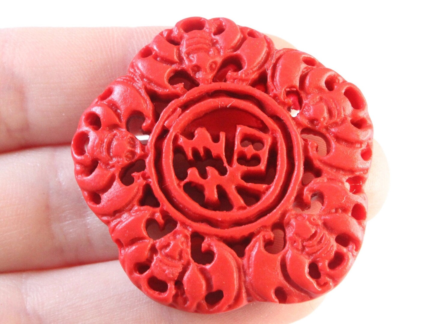 Carved Cinnabar Flower Pendant - Two Hole Focal Bead