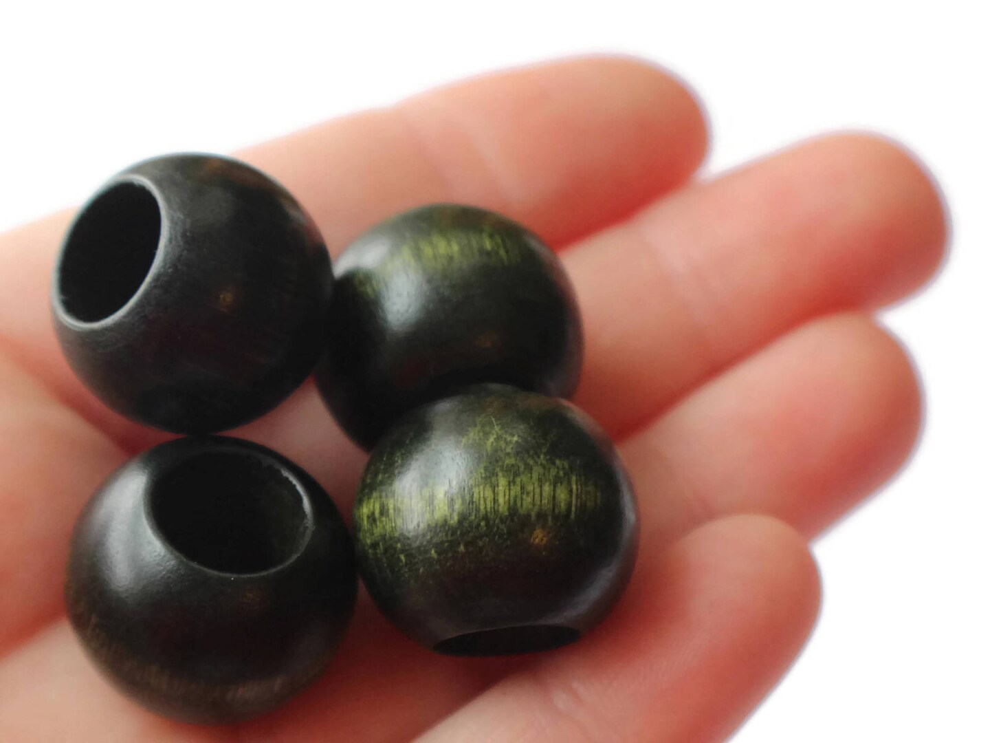 8 20mm Dark Green Wooden Large Hole Beads Round Wood Macrame Beads
