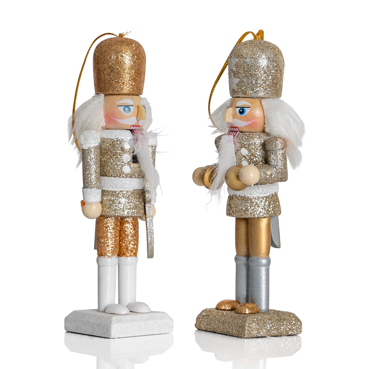 Ornativity Nutcracker Hanging Ornament Figures – Gold and Silver Glittered Christmas Mini Wooden King and Soldier Nutcrackers Xmas Tree Ornament Set – 5 Pieces