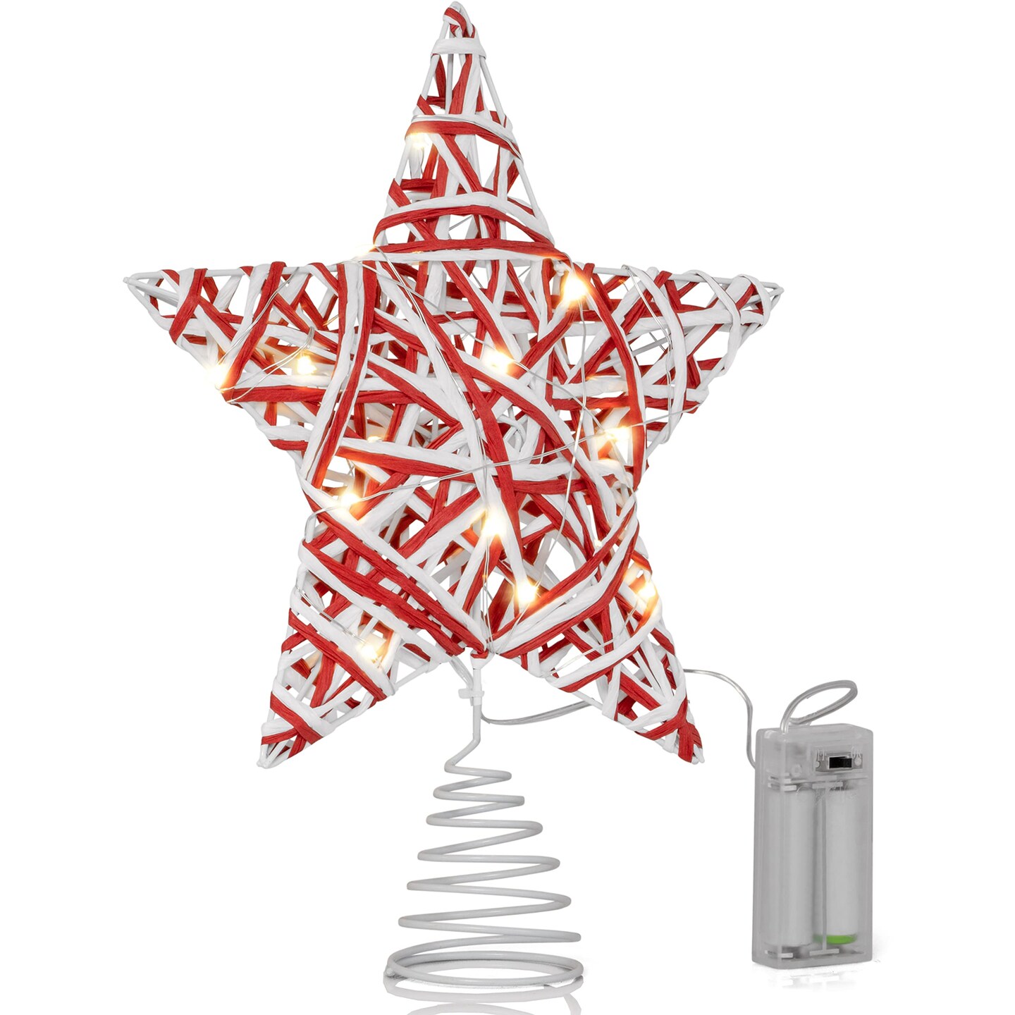 Ornativity Christmas Rattan Tree Topper – Red and White Xmas Rustic Star LED Light Up Tree Topper Ornament Decoration