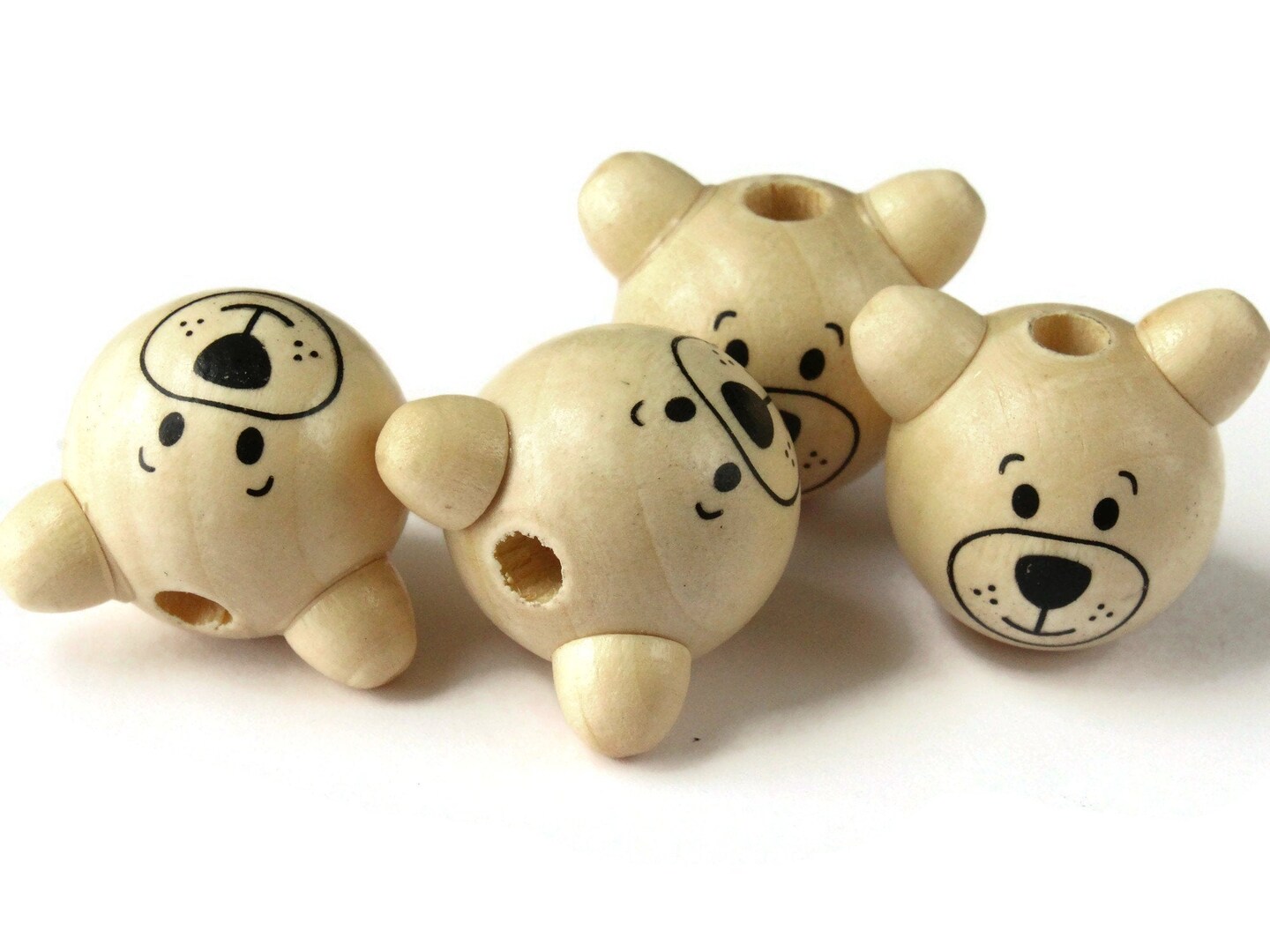 4 26mm Round Wood Bear Head Beads Natural Wooden Beads bL1
