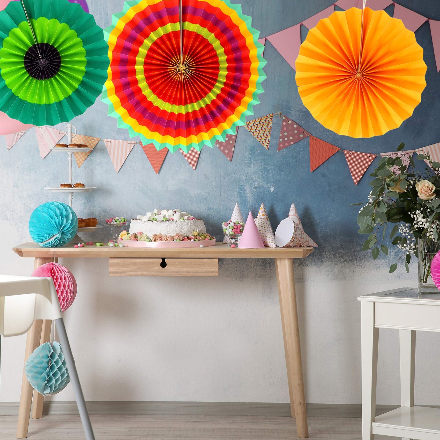 Big Mo's Toys Paper Fans Green Yellow And Orange Mexican Fiesta Party Decorations Supplies Paper Fan Rosettes