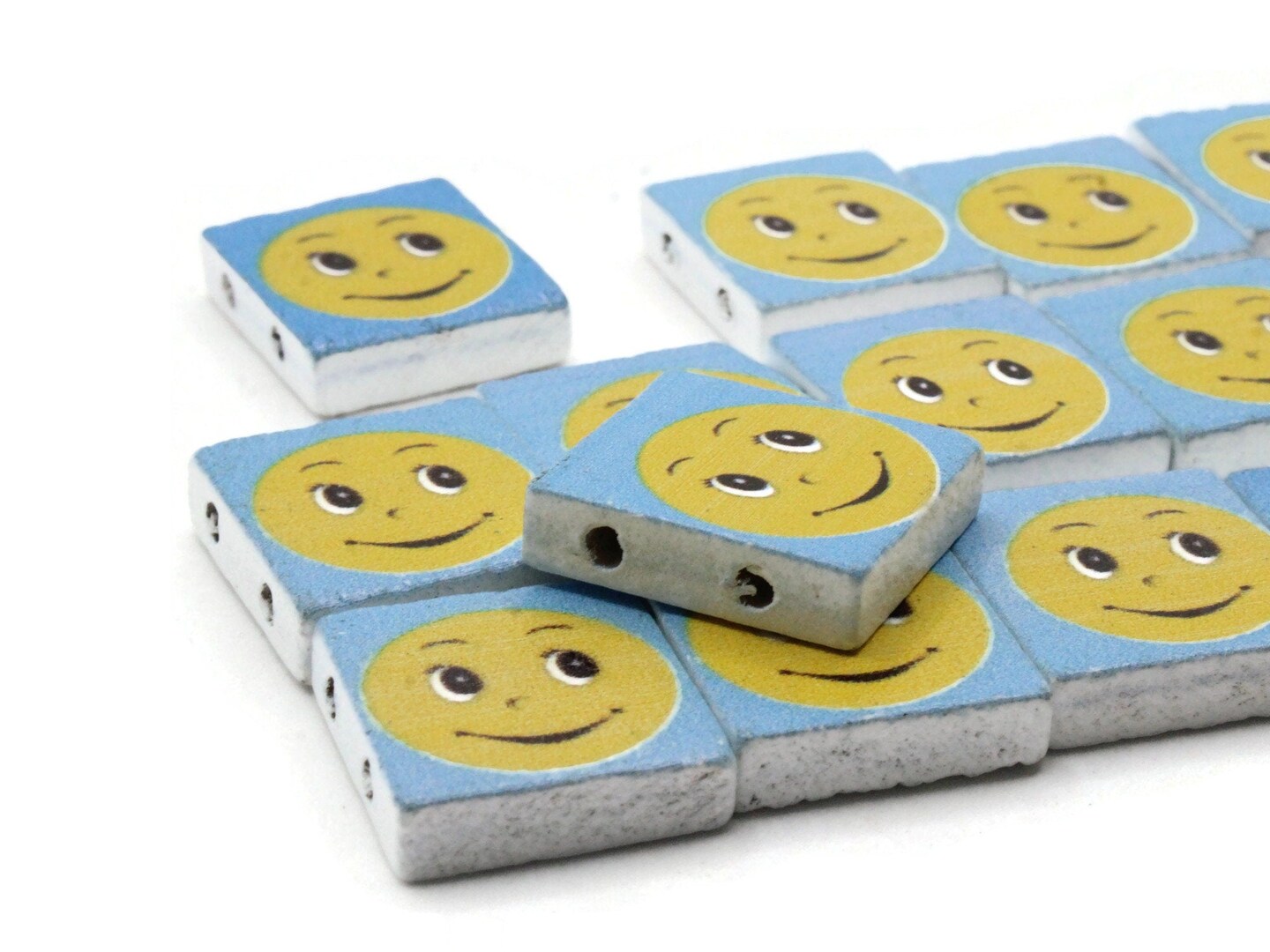 15 20mm Blue and Yellow Rectangle Wooden Happy Face Beads - Two Hole Emoji Beads
