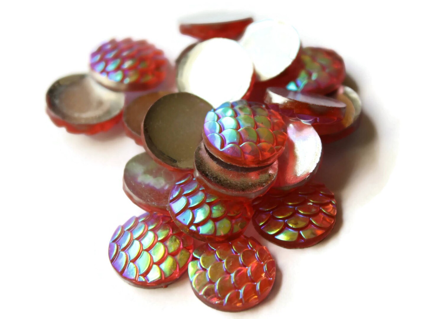 12mm Round Pink Mermaid Scale Flat Back Cabochons