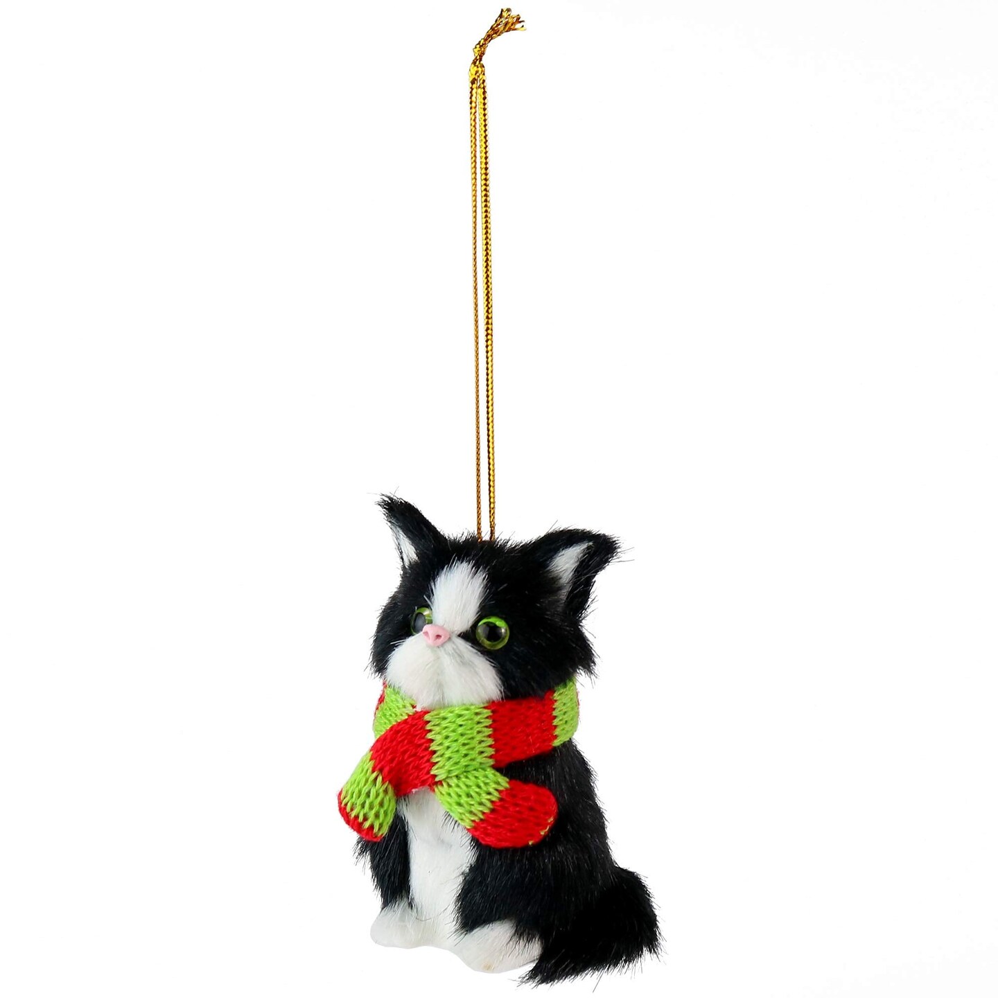 Ornativity Christmas Mini Cat Ornament - Furry Black Kitten with Scarf Holiday Tree Hanging Decoration