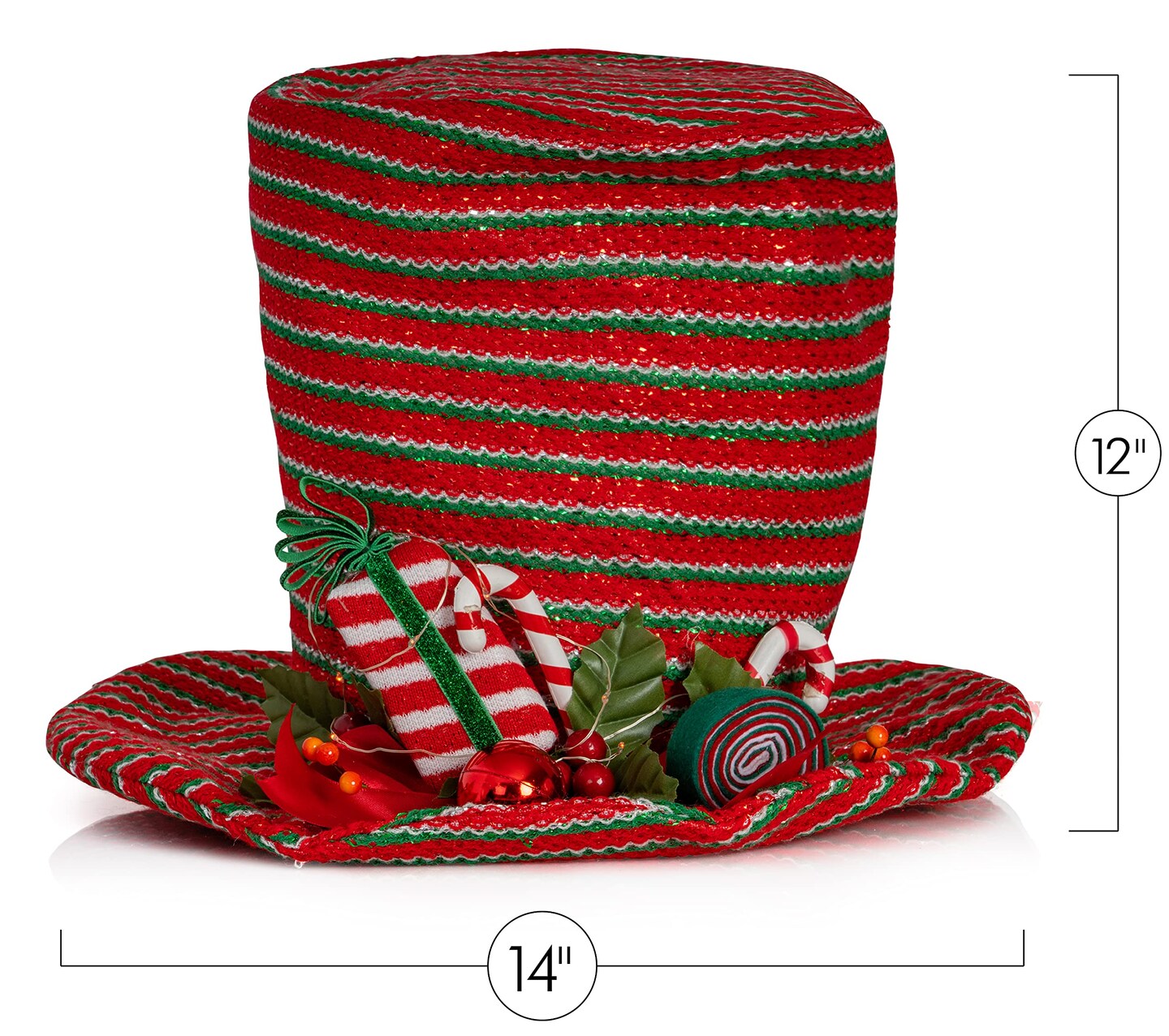 Ornativity Snowman Hat Tree Topper - Snow Man Winter Holiday Top Hat Christmas Tree Top Decoration with Red Ornament Berry Balls, Mistletoe Holly and Candy Decorations and LED Lights