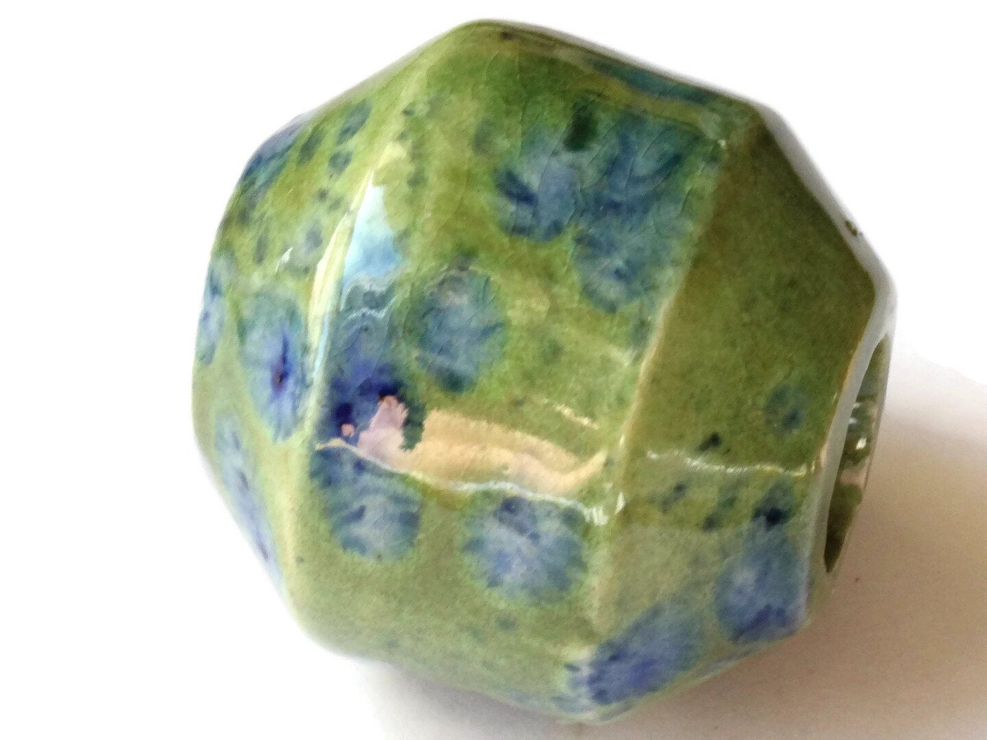 38mm Green with Blue Spots Banded Round Bead Vintage Ceramic Macrame Bead