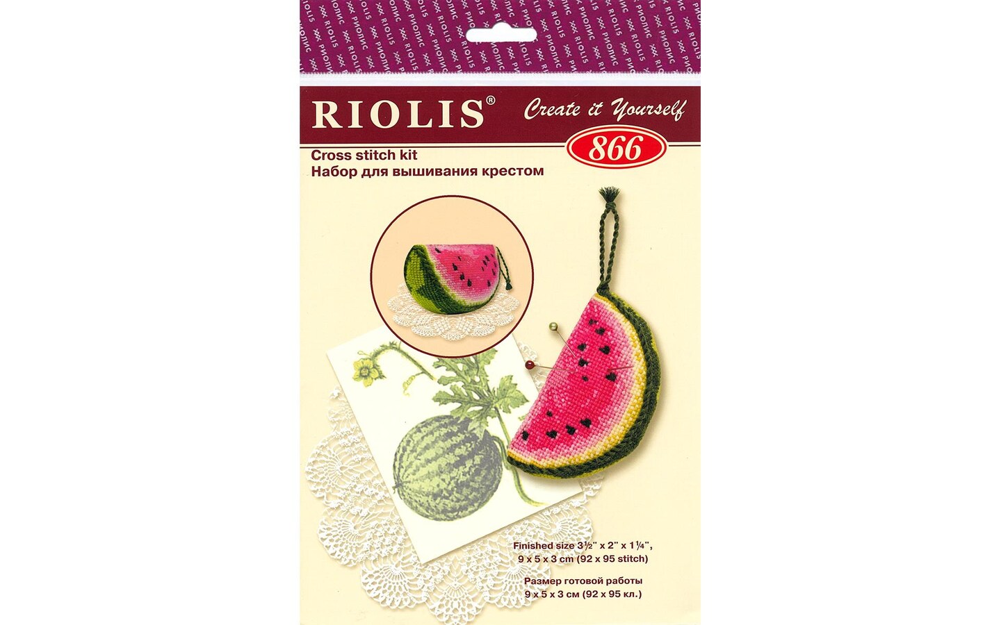 Riolis Cross Stitch Kit Watermelon Pincushion, 3 1/2&#x22; x 2&#x22; x 1 1/4&#x22; (9 x 5 x 3 cm), stranded cotton, cross-stitch, half cross-stitch, back stitch and combined colors, included all supplies