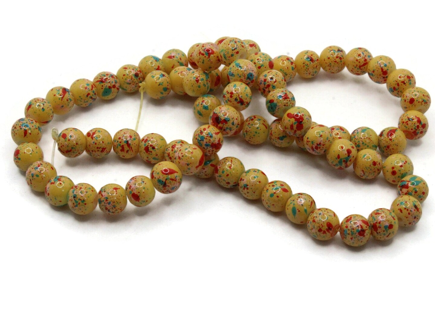 68 6mm Yellow with Red and Green Splatter Paint Smooth Round Glass Beads