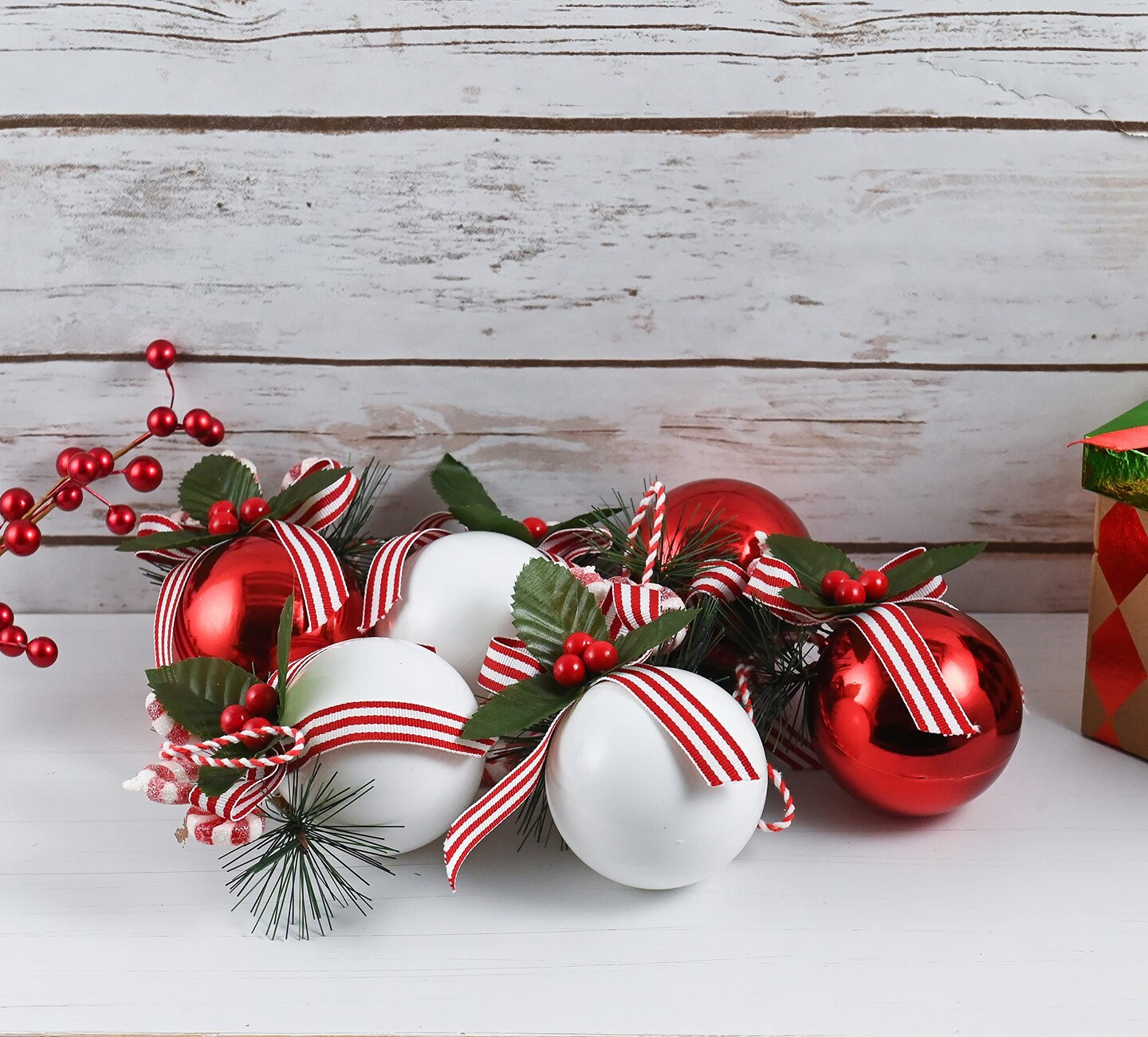 Ornativity Red and White Ornaments - Shiny Red and White Ball Ornament with Realistic Holly Leaf and Red Cranberry Berries with Rustic Candy String Christmas Tree Decoration Set - Pack of 10