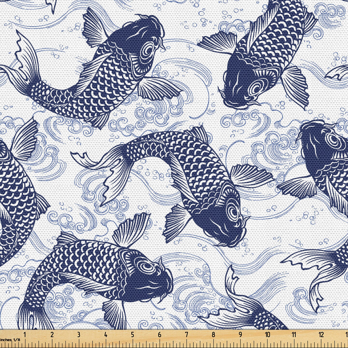 Ambesonne Fish Fabric by the Yard, Japanese Carp Koi Wave