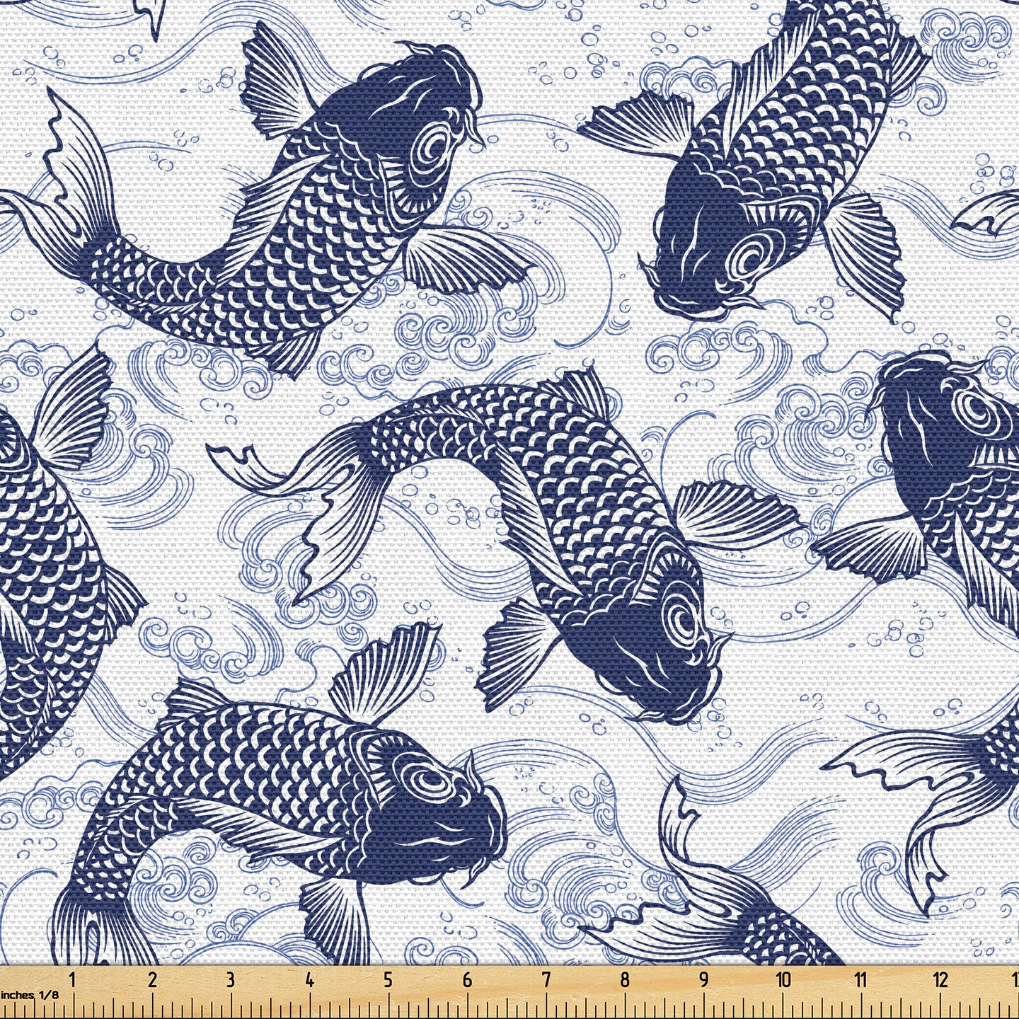 Ambesonne Fish Fabric by the Yard, Japanese Carp Koi Wave Patterned Background Ancestral Animals Culture, Decorative Fabric for Upholstery and Home Accents, 1 Yard, Dark Blue White