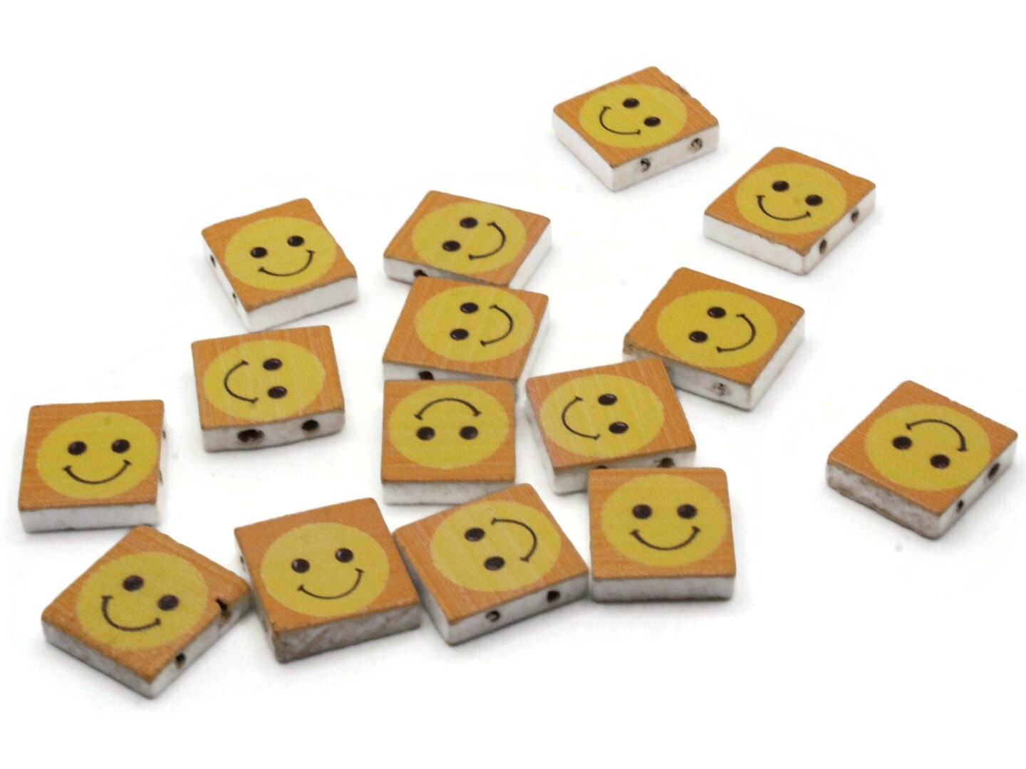 15 20mm Orange and Yellow Beads Wooden Rectangle Happy Face Beads - Two Hole Emoji Beads