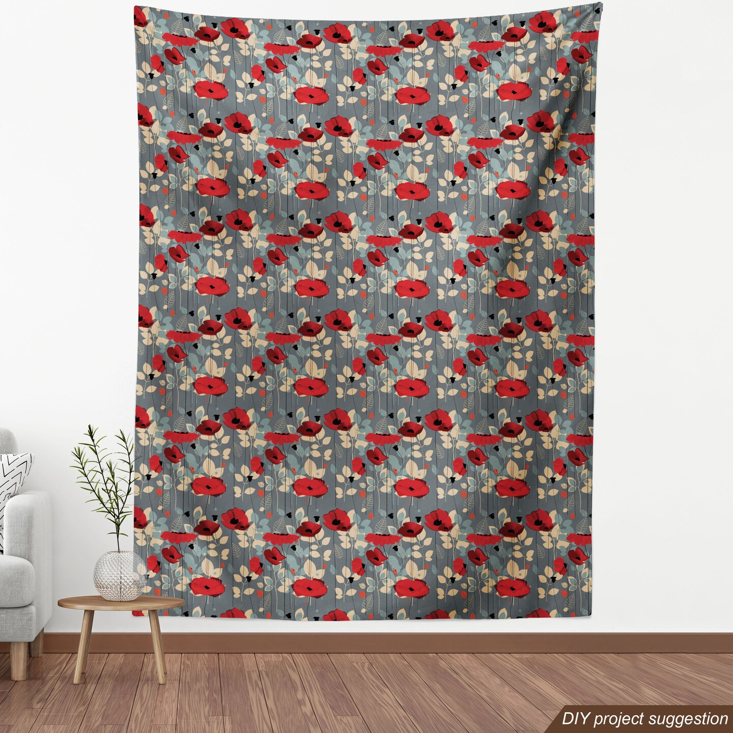 Ambesonne Poppy Flower Fabric by the Yard, Abstraction of a Growing Floral Garden Leaves Botanical Modern Nature, Decorative Fabric for Upholstery and Home Accents, 2 Yards, Grey Red Beige
