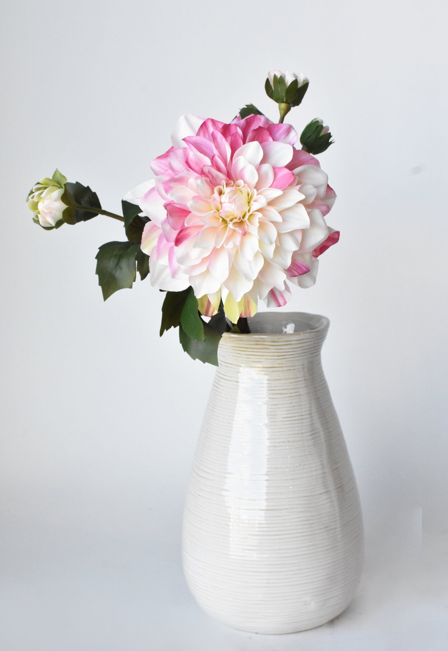 23.5&#x22; Faux Pink / Cream Dahlia w/Bud Stem