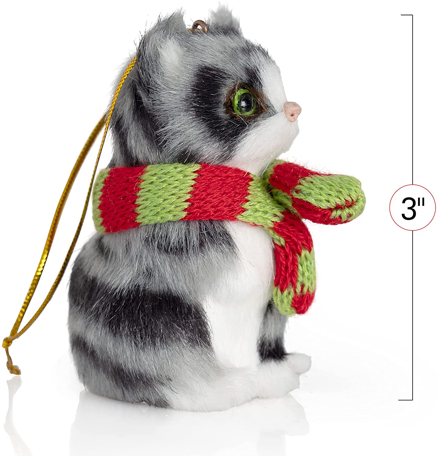 Ornativity Christmas Mini Cat Ornament - Furry Grey Kitten with Scarf Holiday Tree Hanging Decoration