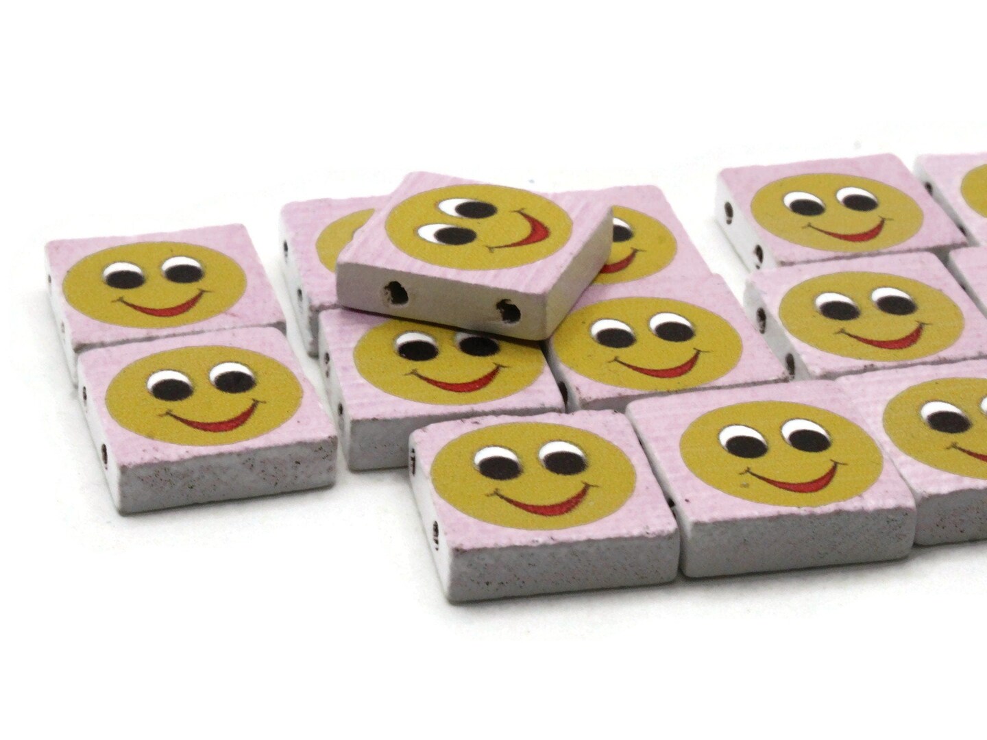 15 20mm Pink and Yellow Wooden Happy Face Beads - Two Hole Emoji Beads