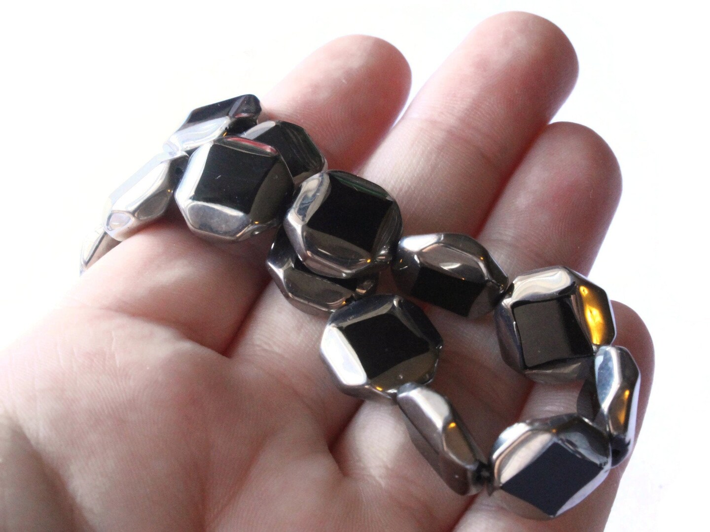 22 14mm Silver Rimmed Glass Black Octagon Beads