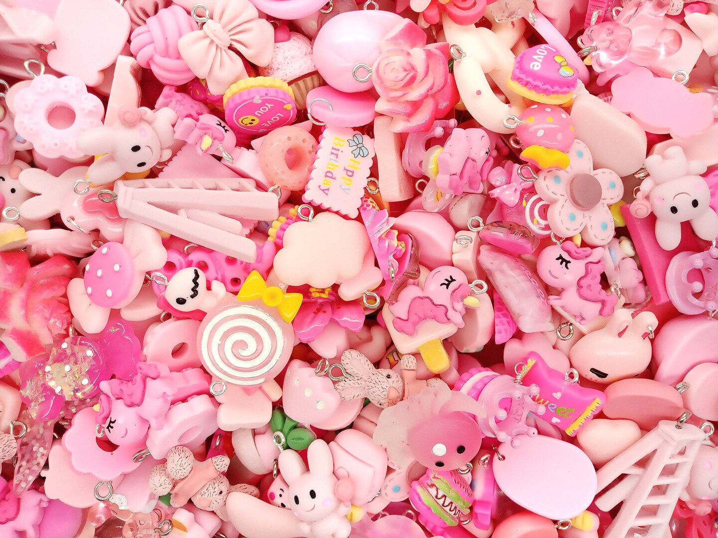 Pink Kawaii Charm Mix, 25pc Cute Resin Cabochon Charm Grab Bag, Adorabilities