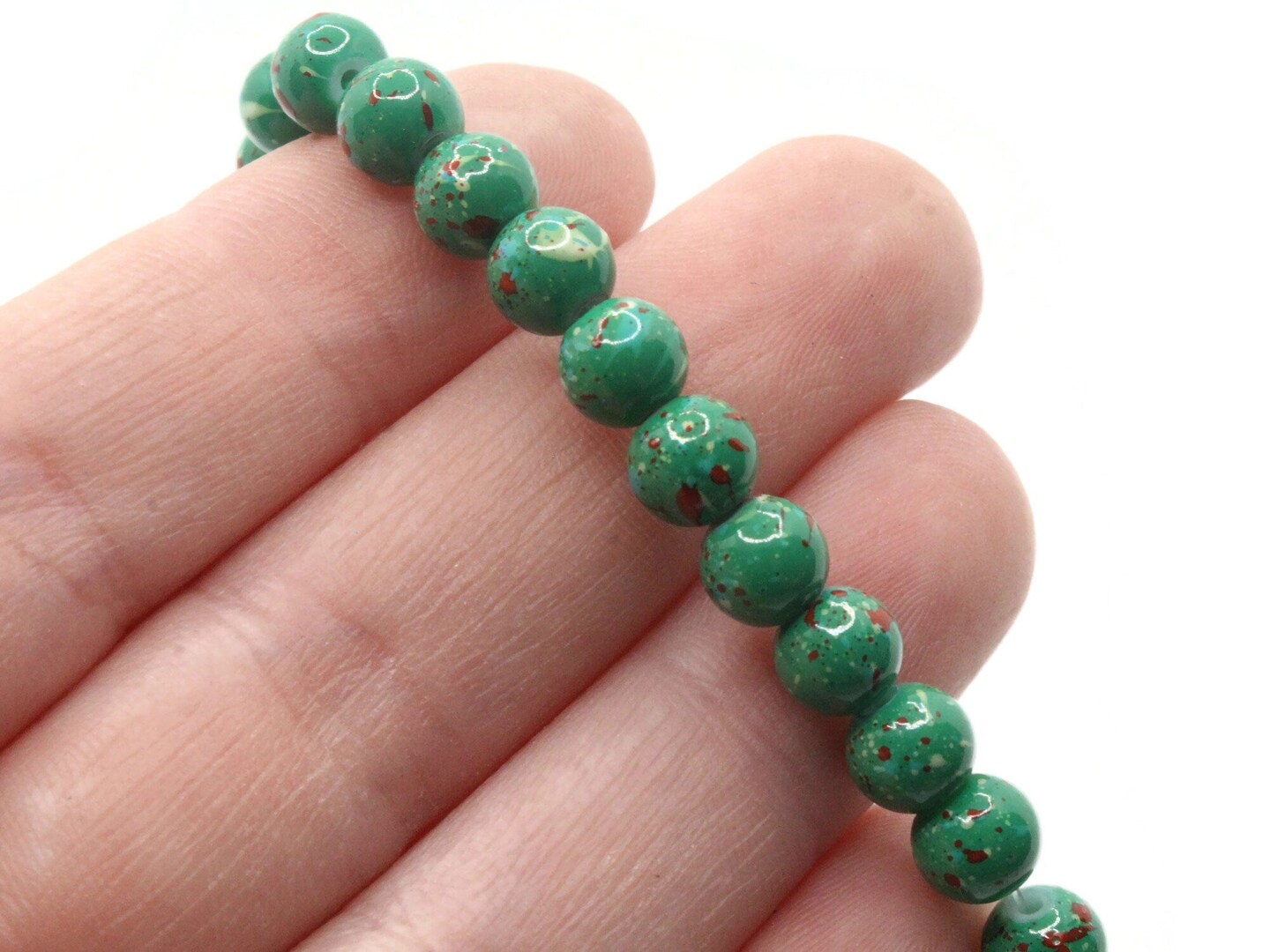 68 6mm Green and Red Splatter Paint Round Glass Beads