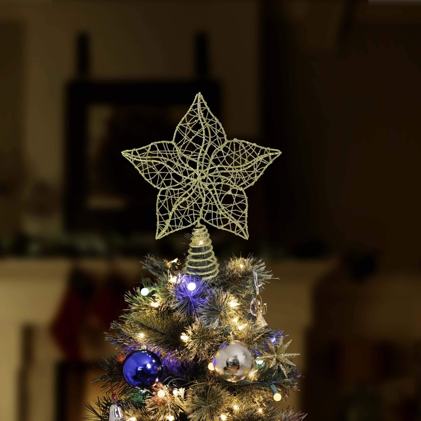 Ornativity Glittered Star Tree Topper - Christmas Gold Sparkle Wire Star Leafy Decoration
