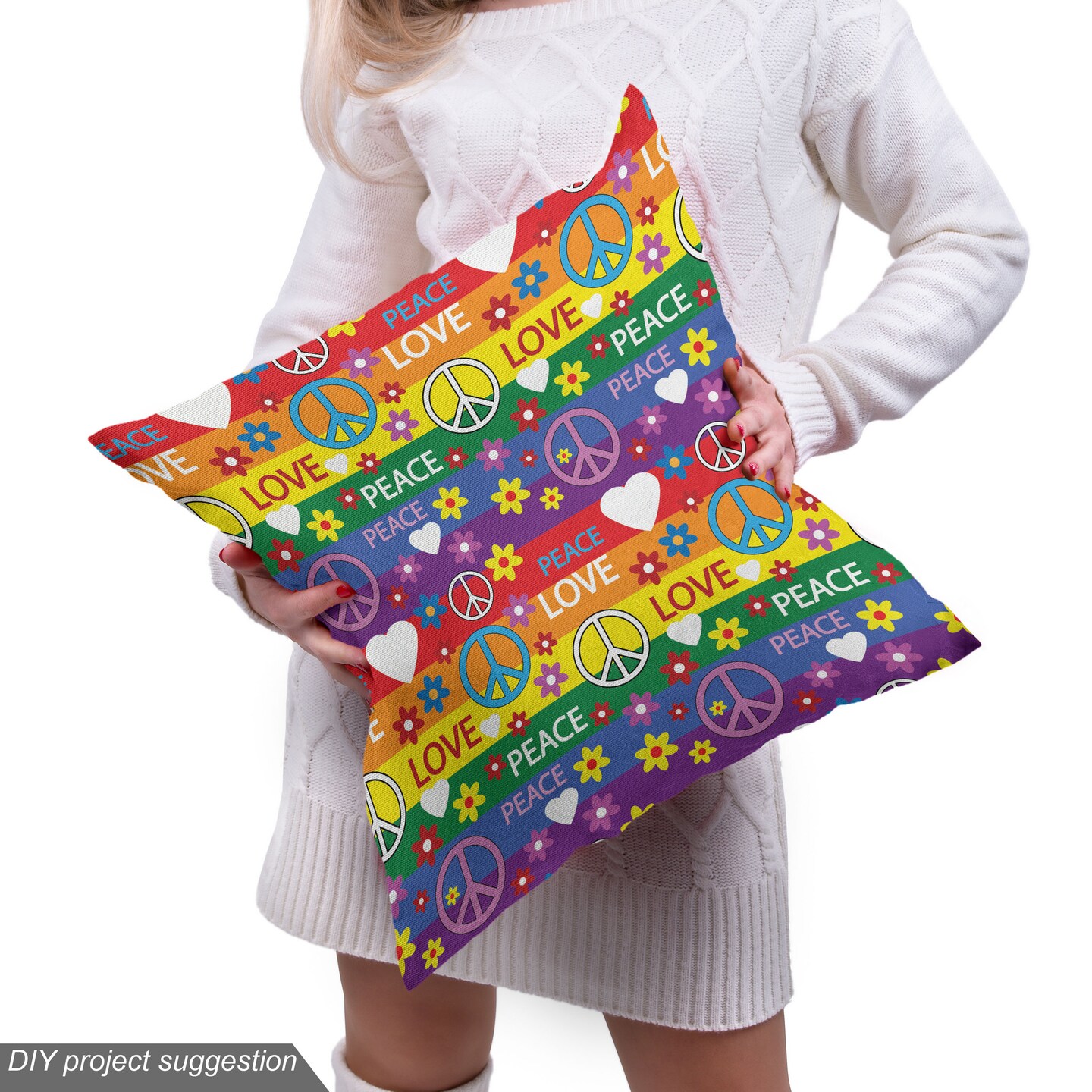 Ambesonne Groovy Fabric by the Yard, Heart Peace Flower Power Political Hippie Cheerful Colors Festival Joyful, Decorative Fabric for Upholstery and Home Accents, 5 Yards, Rainbow Colors