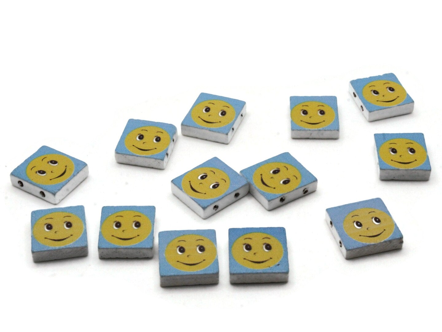 15 20mm Blue and Yellow Rectangle Wooden Happy Face Beads - Two Hole Emoji Beads