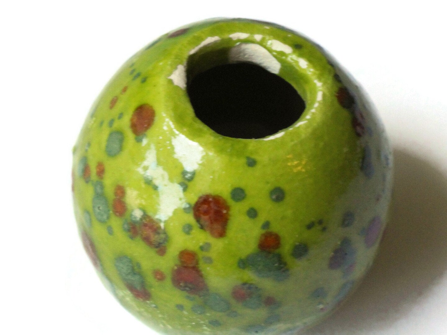 38mm Round Green with Brown Spots Bead Vintage Macrame Ceramic Porcelain Bead