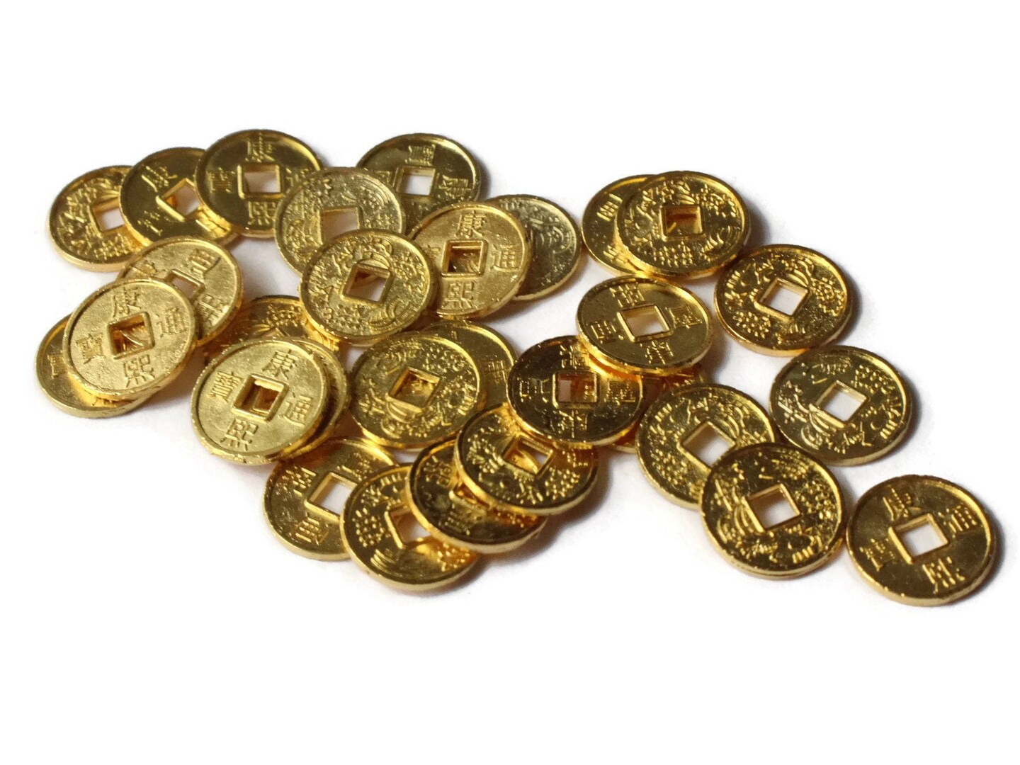 30 10mm Gold Chinese Coin Beads Miniature Replica Money with KangXi