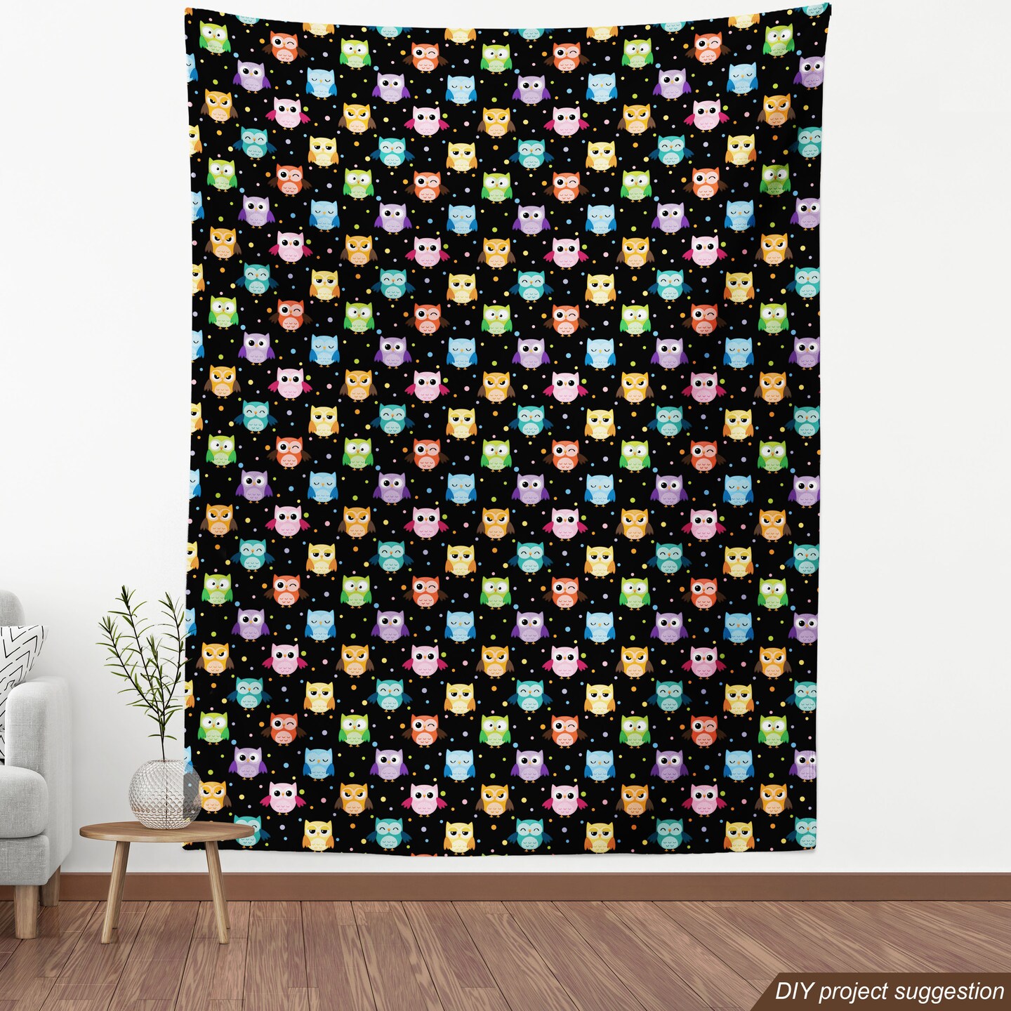 Ambesonne Owls Fabric by the Yard, Colorful Birds with Different Expressions Funny Confused Serious Characters Dots, Decorative Fabric for Upholstery and Home Accents, 10 Yards, Black Multicolor