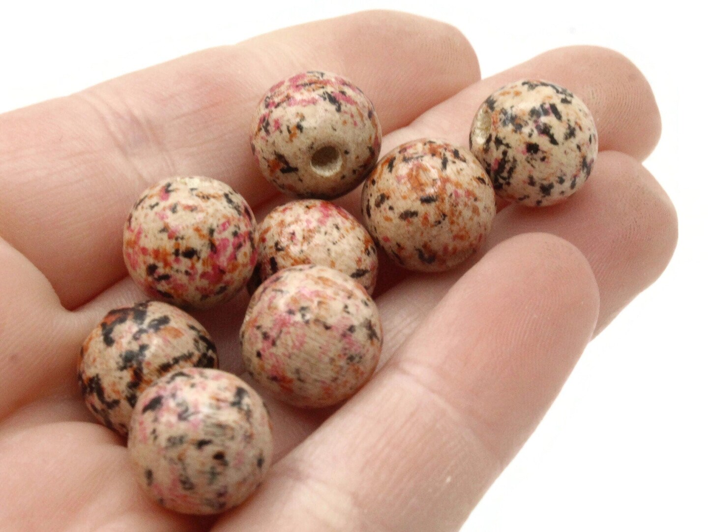 20 12mm Round Pink Splatter Paint Wooden Ball Beads