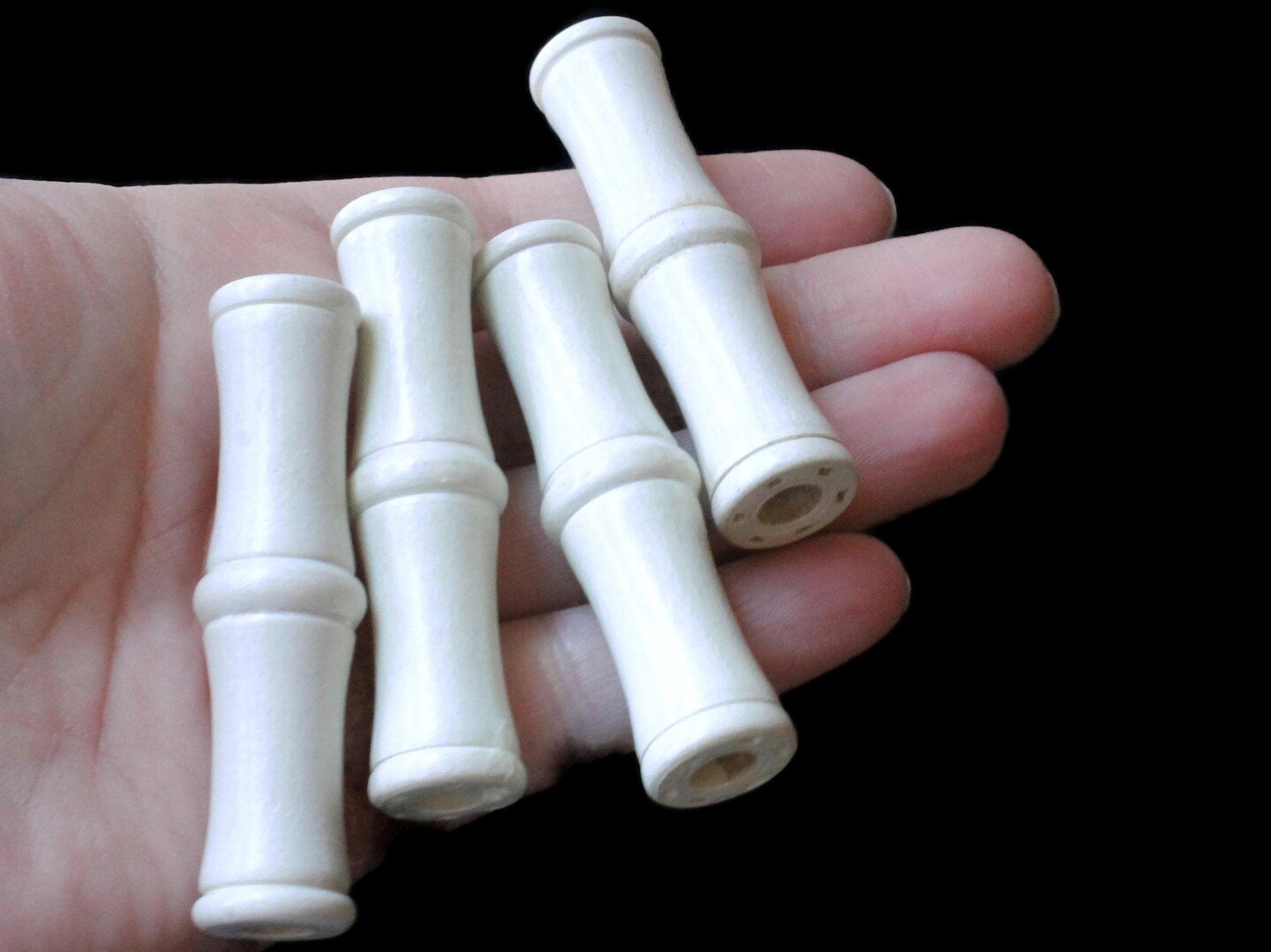 4 61mm Large Hole White Wood Macrame Tube Beads Vintage Wooden Beads