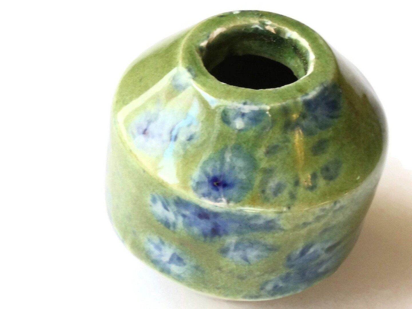 38mm Green with Blue Spots Banded Round Bead Vintage Ceramic Macrame Bead