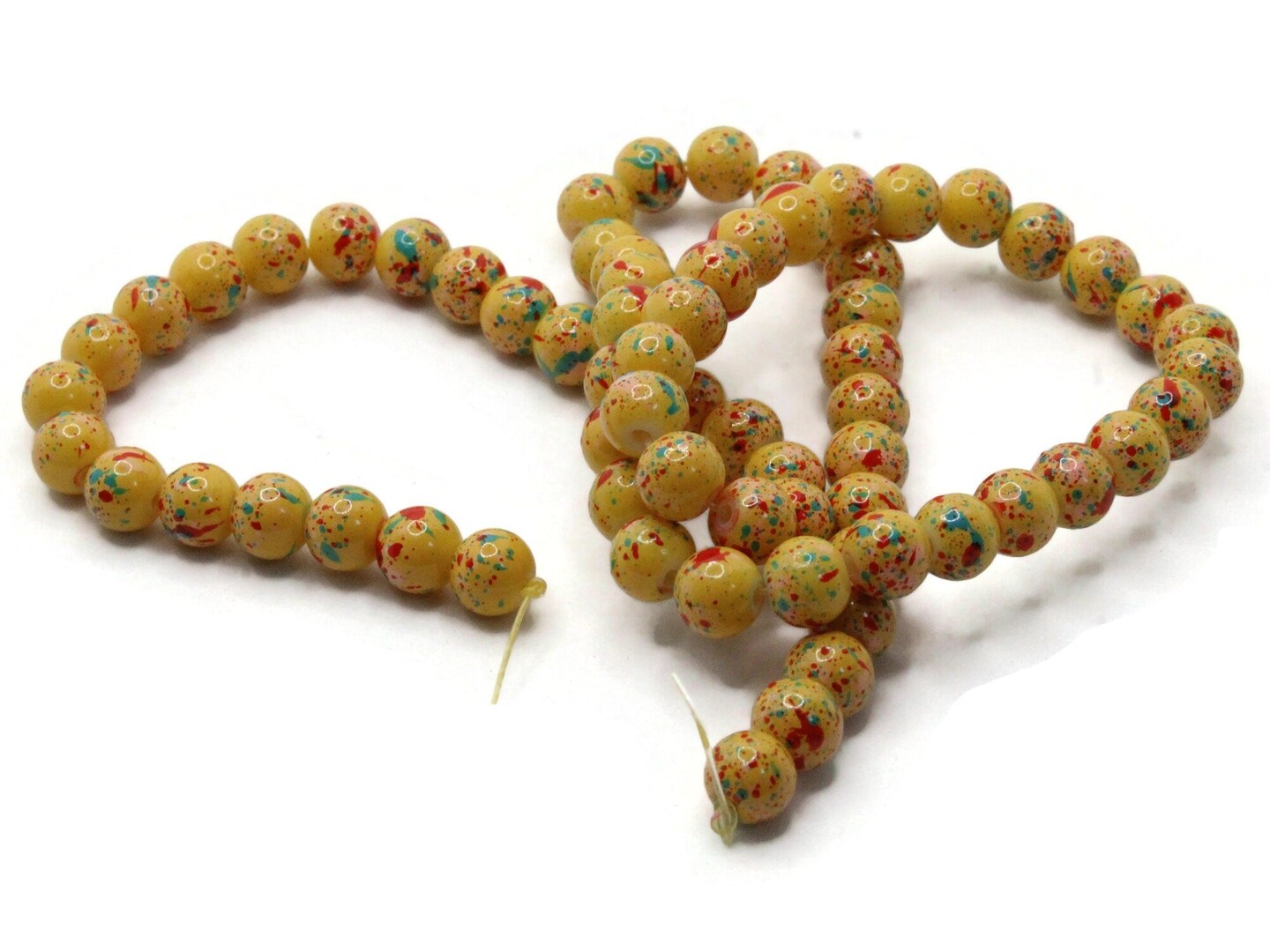 68 6mm Yellow with Red and Green Splatter Paint Smooth Round Glass Beads