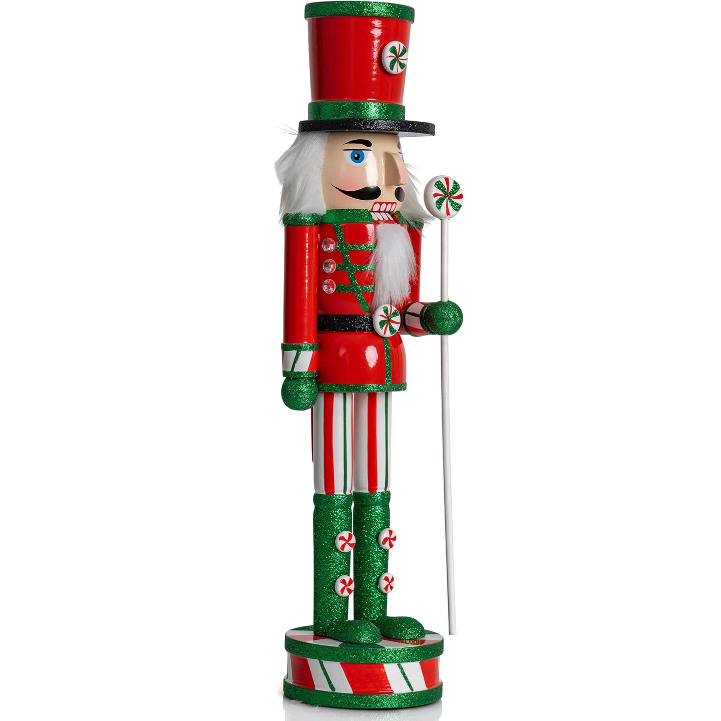 Ornativity Wooden Peppermint Christmas Nutcracker - Red, White and Green Glitter Candy Themed Holiday Nut Cracker Doll Figure Toy Soldier Decorations